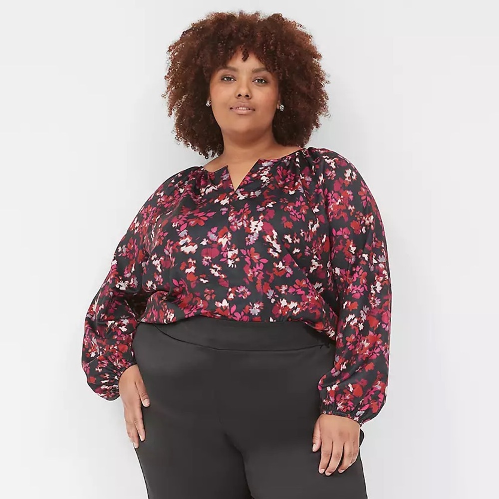 Lane Bryant Satin Front Swing Top 22/24 (3X) Split Neck Long Sleeve NWT